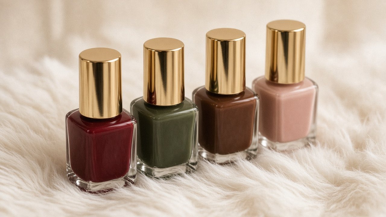 Burgundy, olive, cocoa and nude polish bottles on faux fur