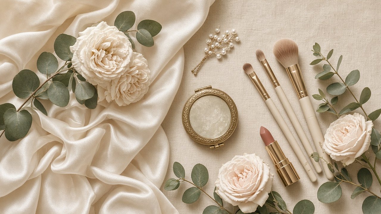 Ivory silk, white roses, pearls and make-up brushes