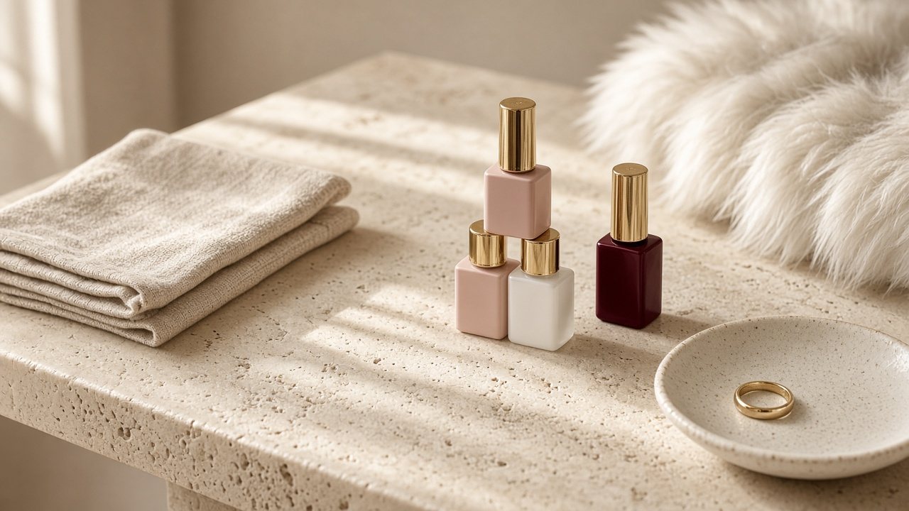 Example studio desk with nude, white and burgundy polish