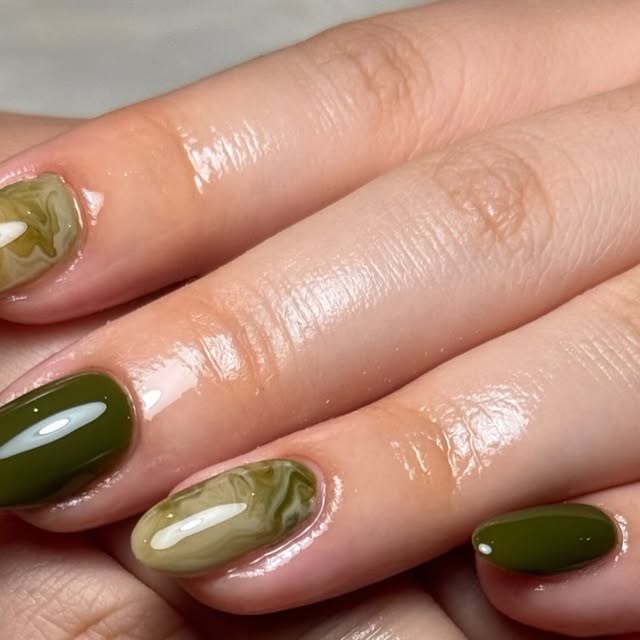Olive green and marble BIAB nails